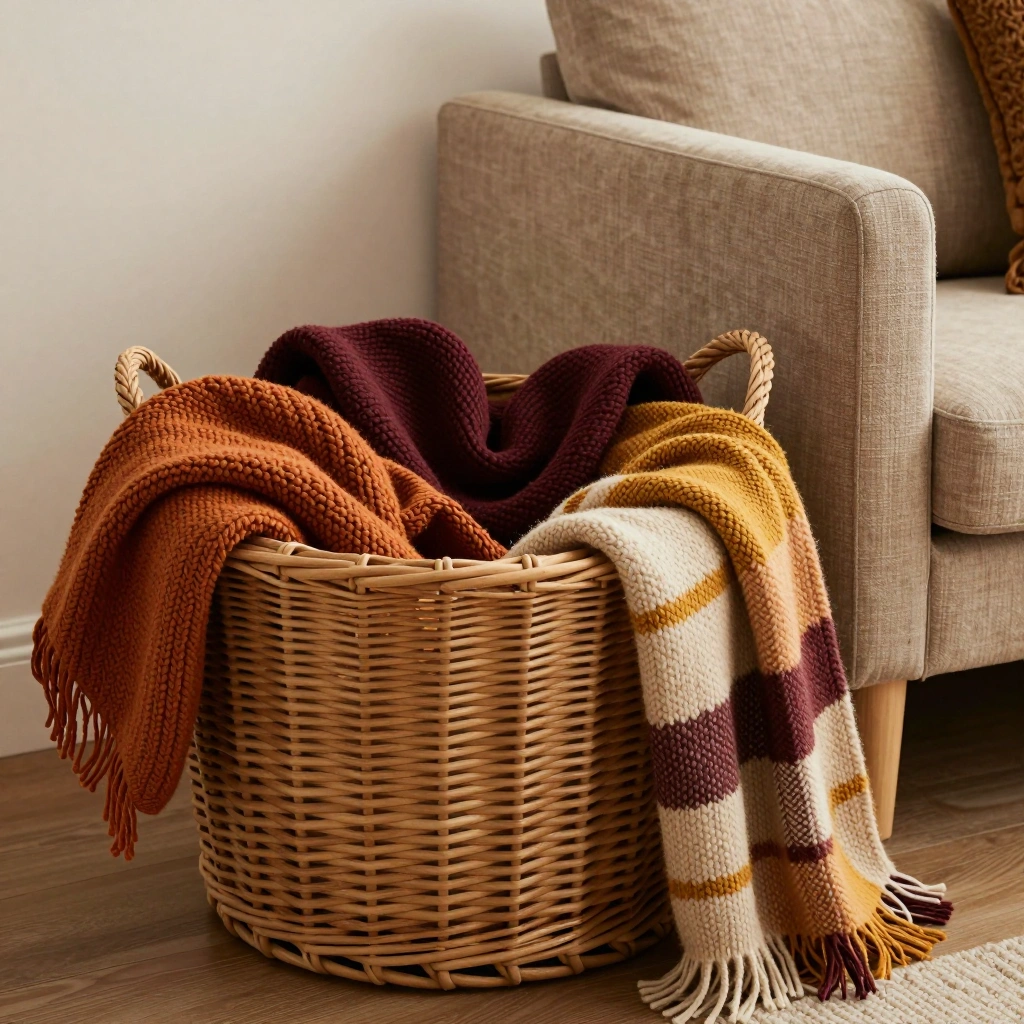 Cozy Throw Blanket Basket by the Sofa