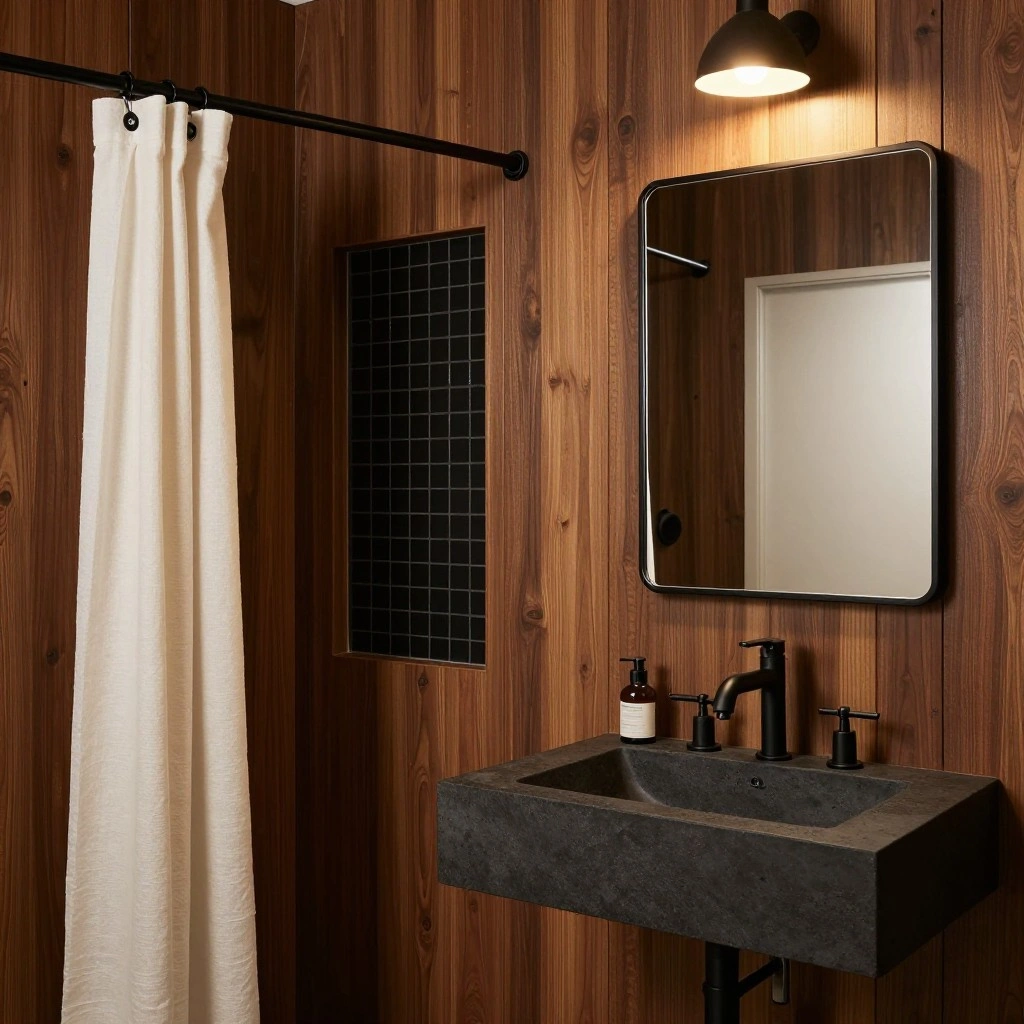 Dark Wood Paneling with Matte Black Hardware