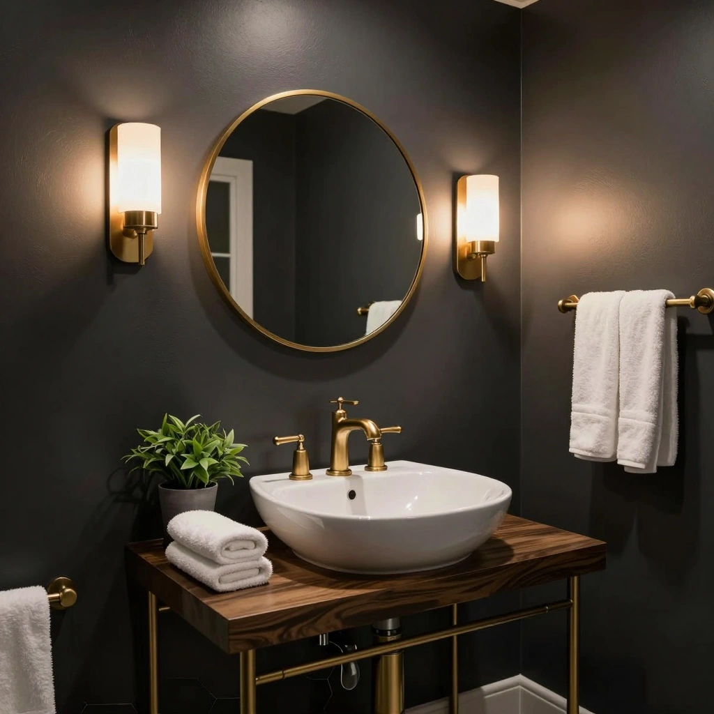 Deep Charcoal Walls with Warm Brass Fixtures