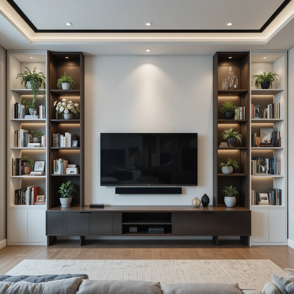 Floating TV Wall with Built-In Shelving