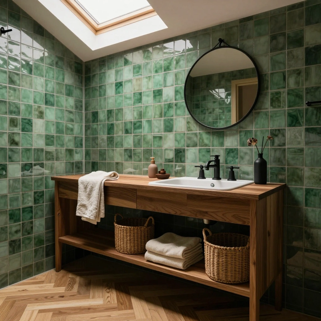 Forest Green Tile and Natural Wood Accents