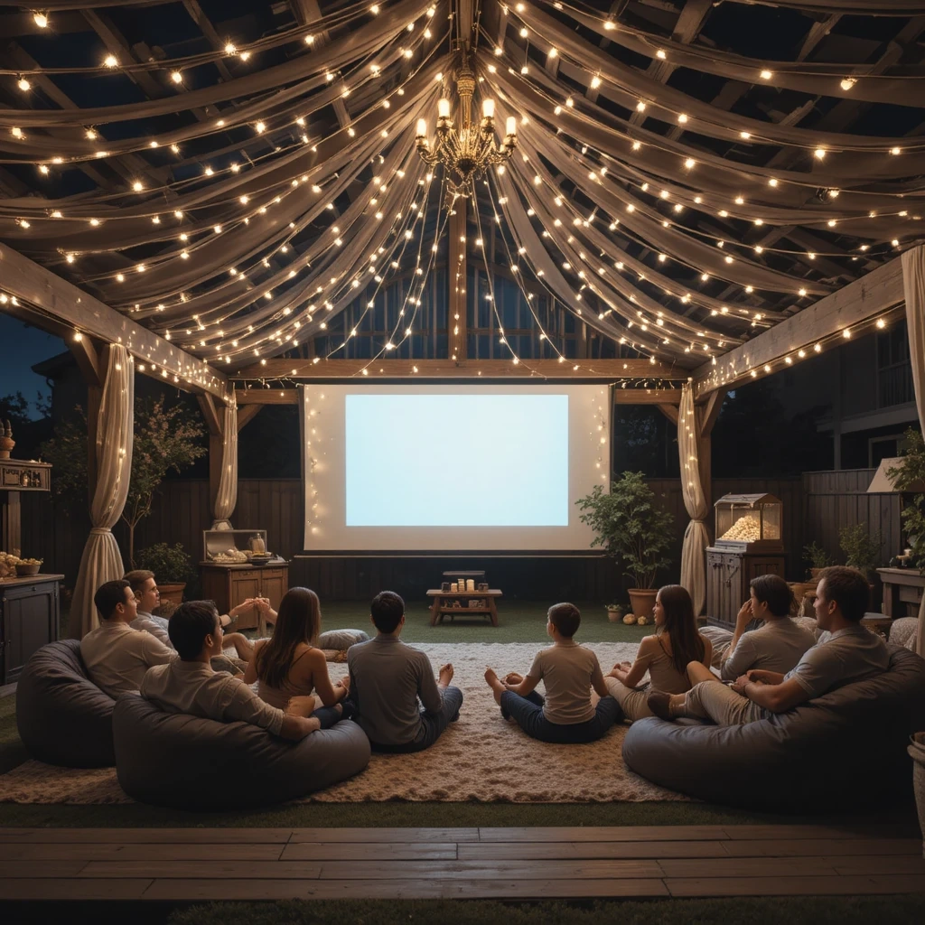 Gazebo With String Lights and Outdoor Movie Setup