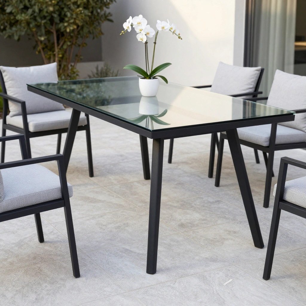 Glass Top with Metal Frame Outdoor Dining Table