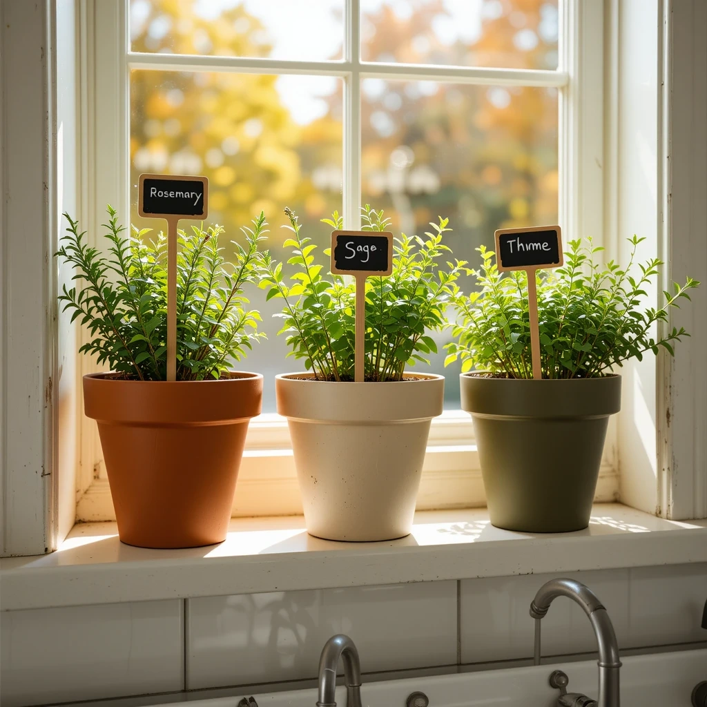 Herb and Succulent Windowsill Garden with Fall Pots
