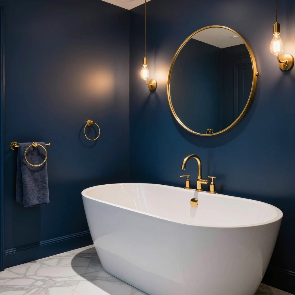 Indigo Blue Bathroom with Warm Gold Accents