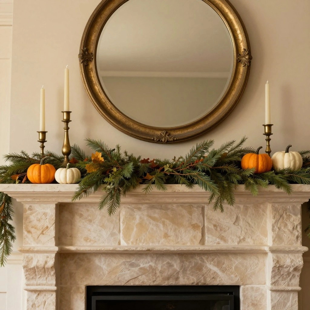 Mantel Decor with Candles, Gourds, and Greenery