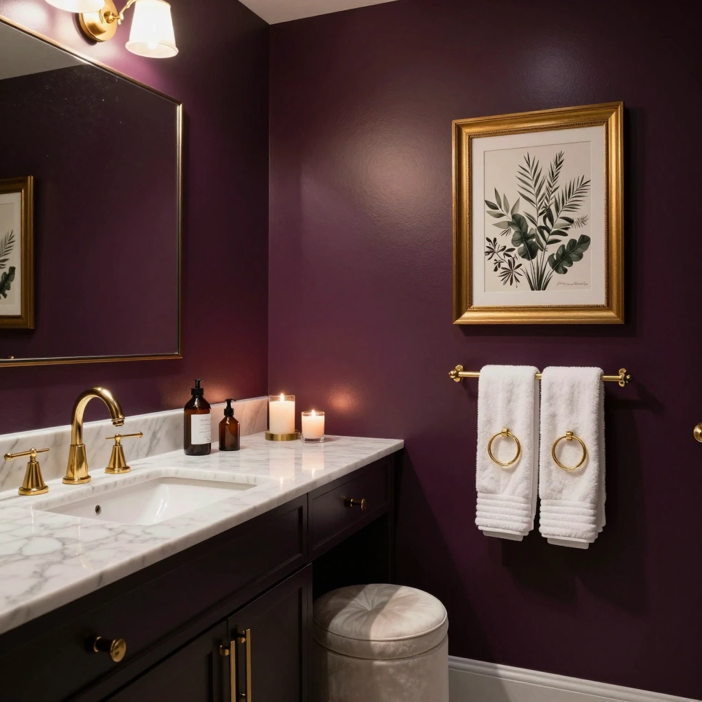 Moody Plum and Gold Luxe Bathroom