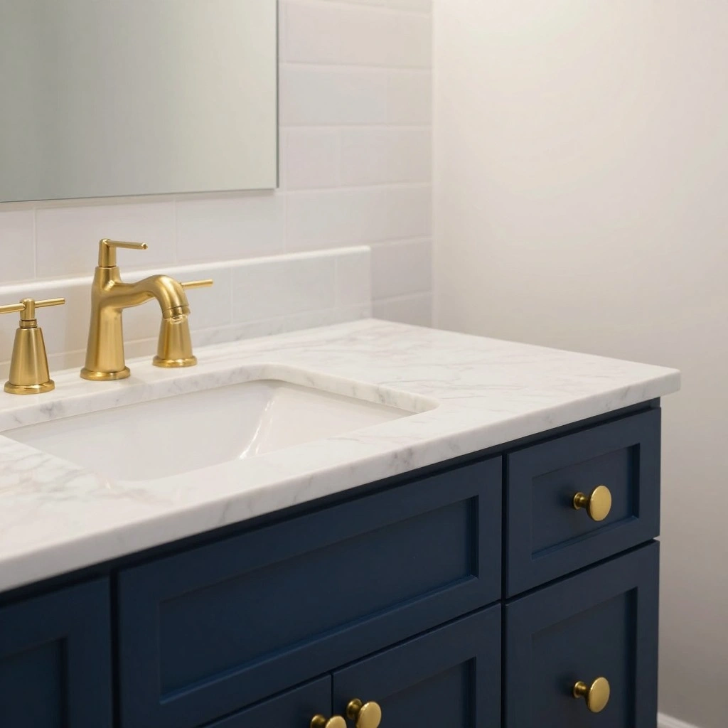 Navy Blue Vanity with Brass Hardware