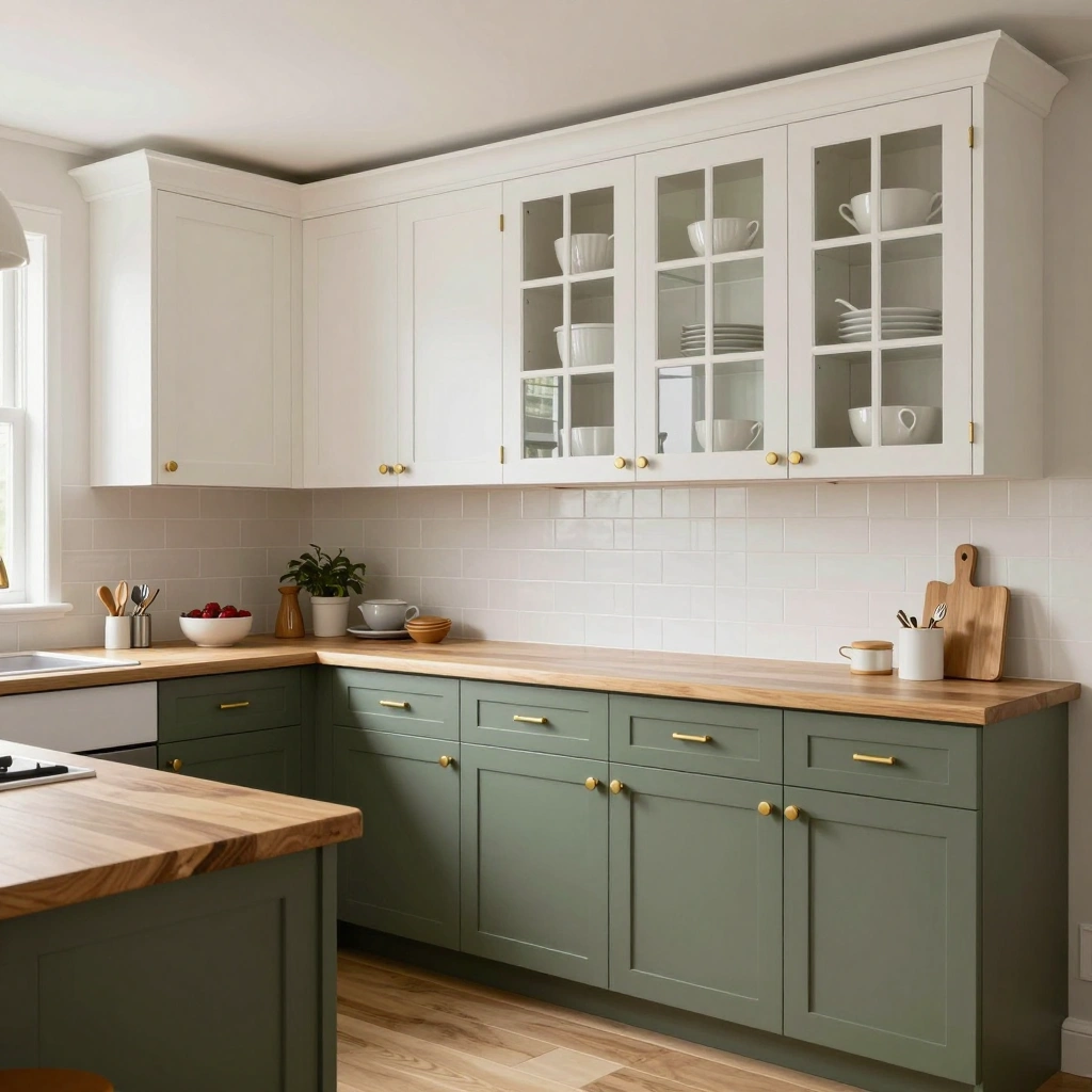 Olive Green Lower Cabinets With White Uppers: Two-Tone Perfection
