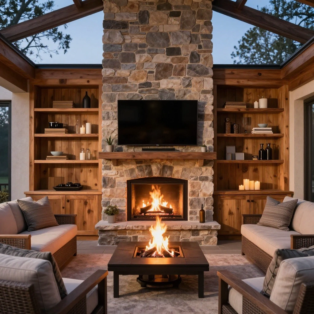Outdoor Media Wall with Fireplace