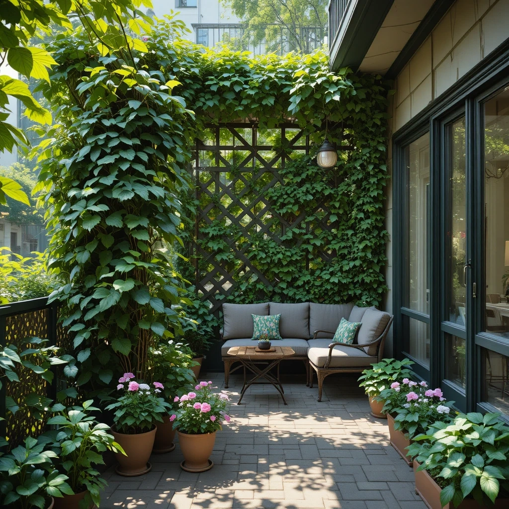 Privacy Screen with Trellis and Climbing Plants