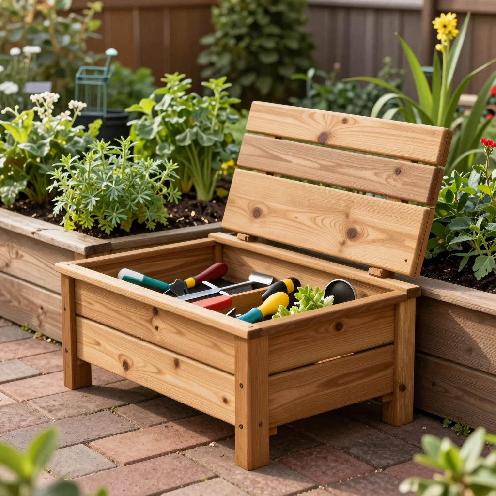 Raised Bed with Built-In Tool Storage Bench