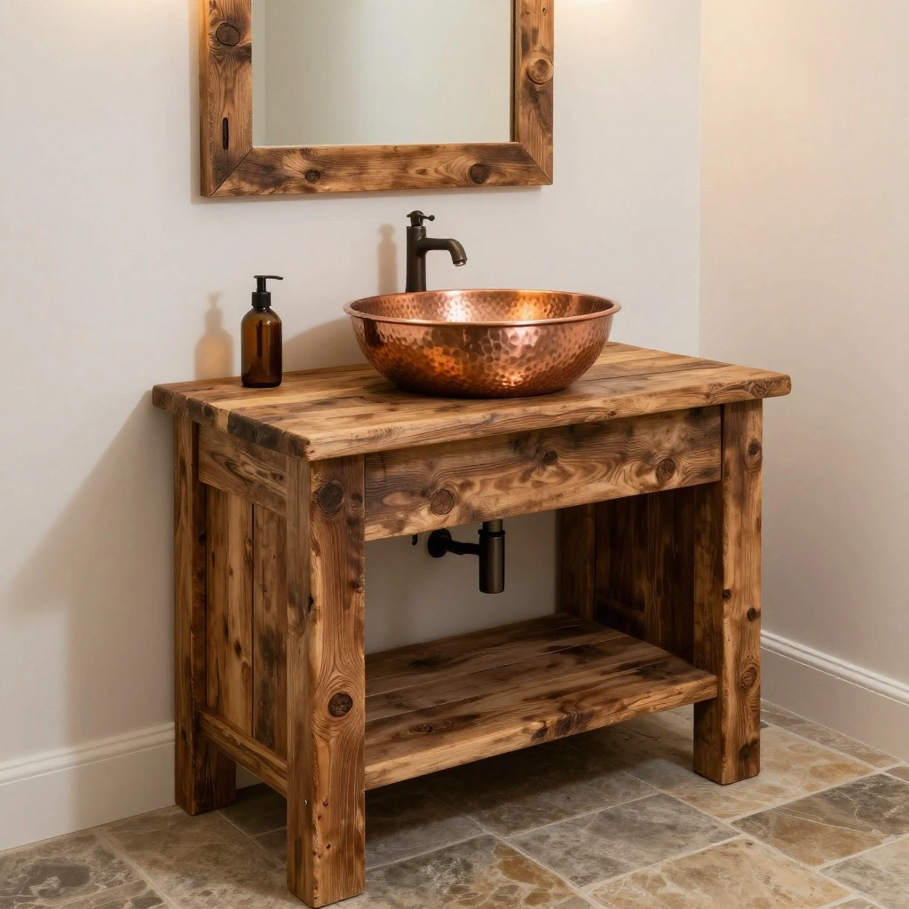 Reclaimed Wood Vanity with Hammered Copper Sink