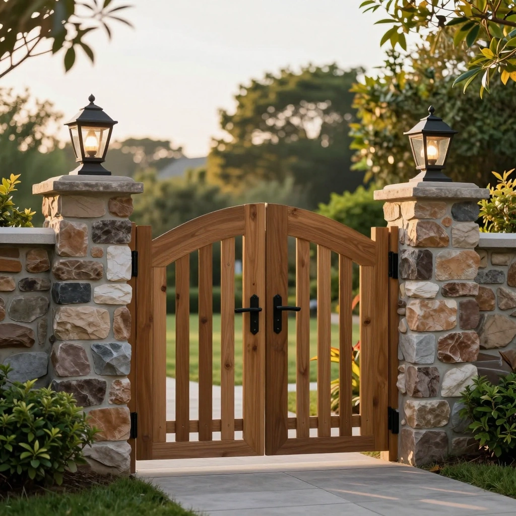 Stone Pillar and Wood Gate Combo