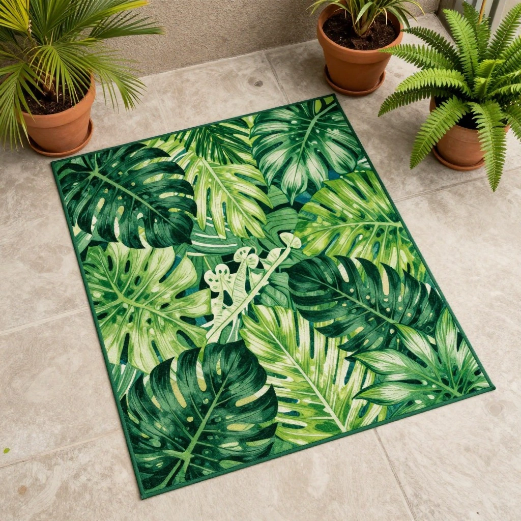 Tropical Leaf Print Outdoor Rug
