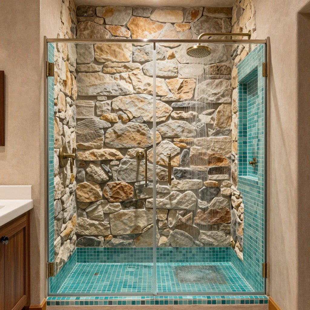 Turquoise and Stone Tile Shower