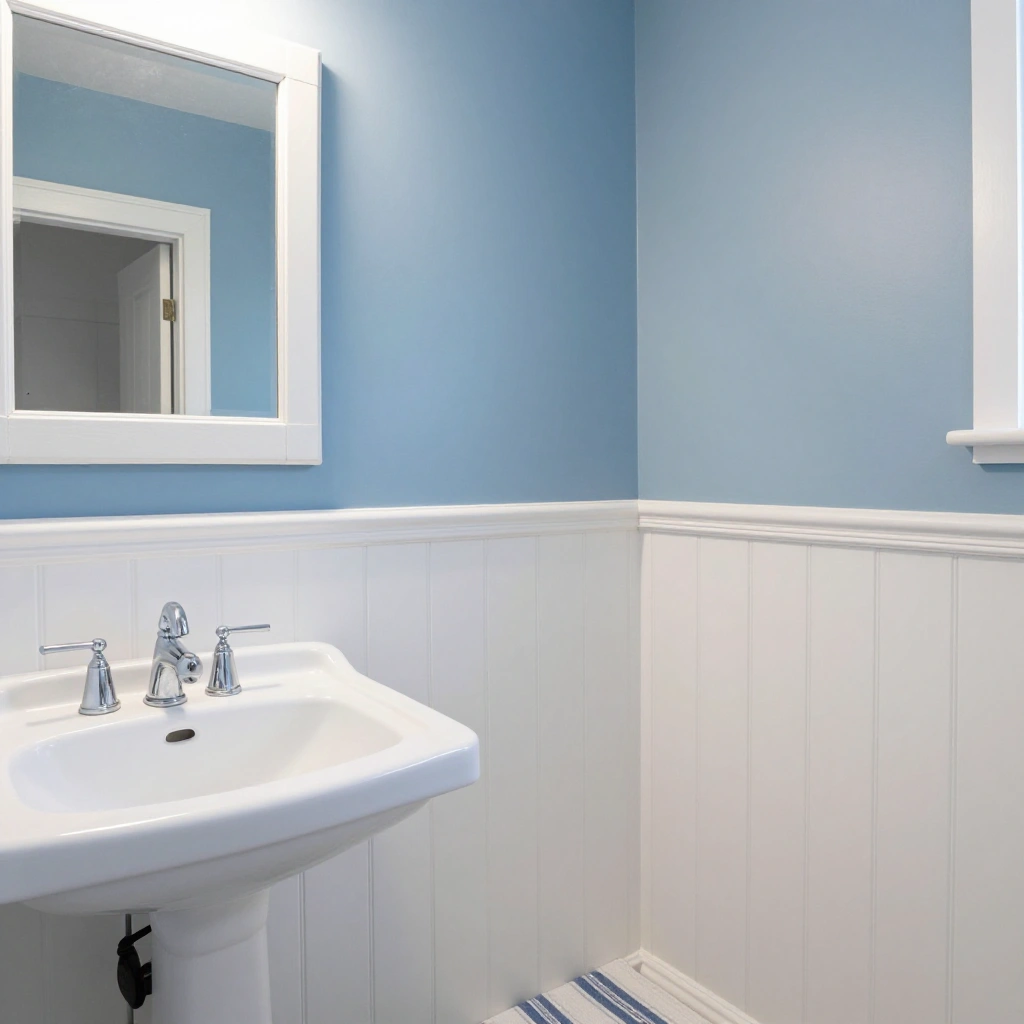 Two-Tone Blue and White Bead Board Bathroom