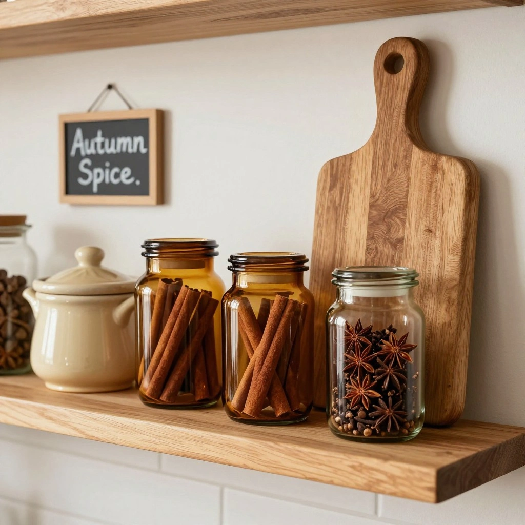 Warm Spice Jar Display on Open Shelves
