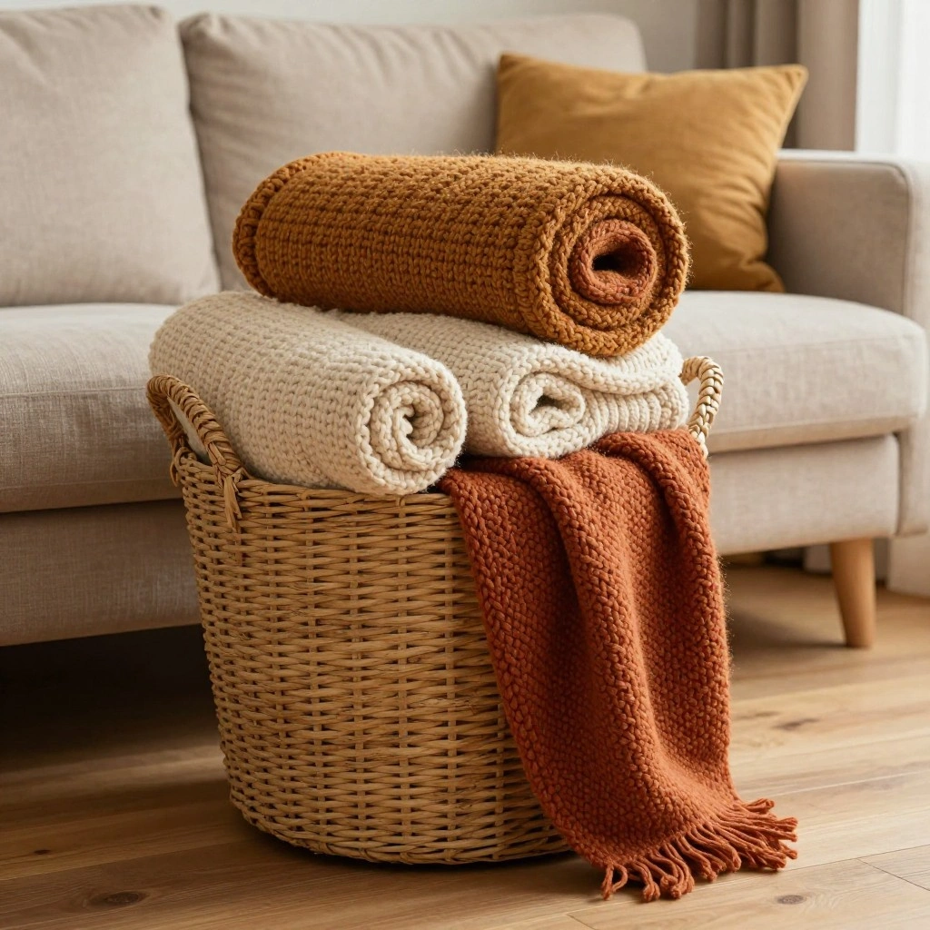 Wooden Crate or Basket for Throw Blanket Storage