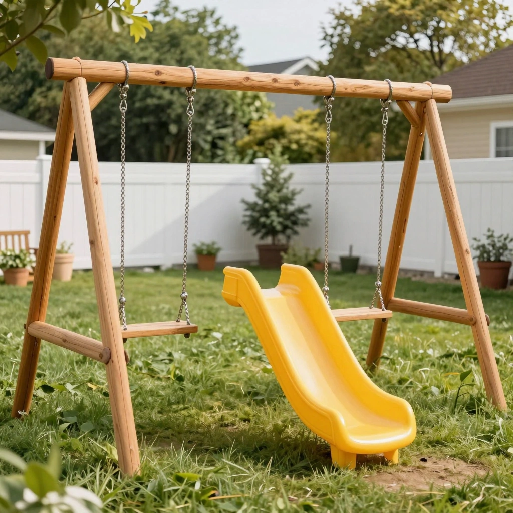 Wooden Swing Set with Slide