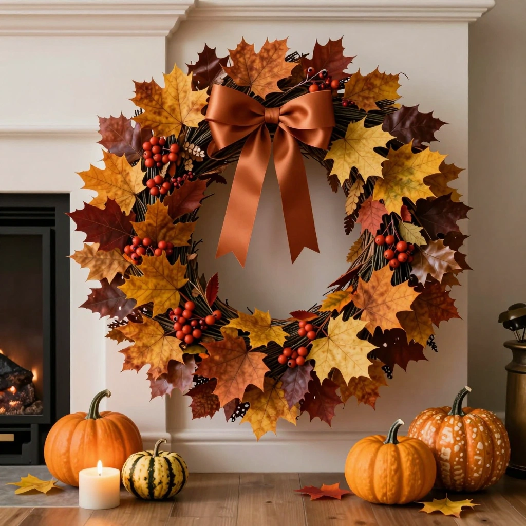 Autumn Wreath as a Mantle Backdrop